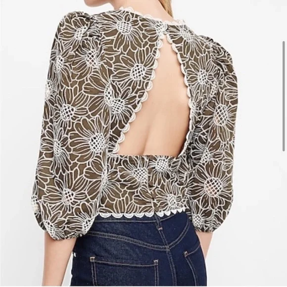 Express Open Back Embroidered Eyelet top brown olive green - Picture 2 of 9